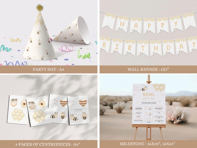 May include: Bee-themed birthday party printable decorations. Includes a party hat, wall banner, milestone sign, and centerpieces. The decorations feature a yellow and white color scheme with bees and honeycombs.