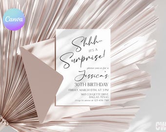 Surprise Birthday Invitation, Black and White Minimalist Invite, Shhhh Its Surprise Digital Invitation