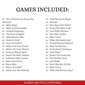 May include: A white sheet of paper with black text listing 36 games for a baby shower. The text reads "Games Included:" and lists the games with numbers and descriptions. The text at the bottom of the page reads "Games Are Fully Editable."