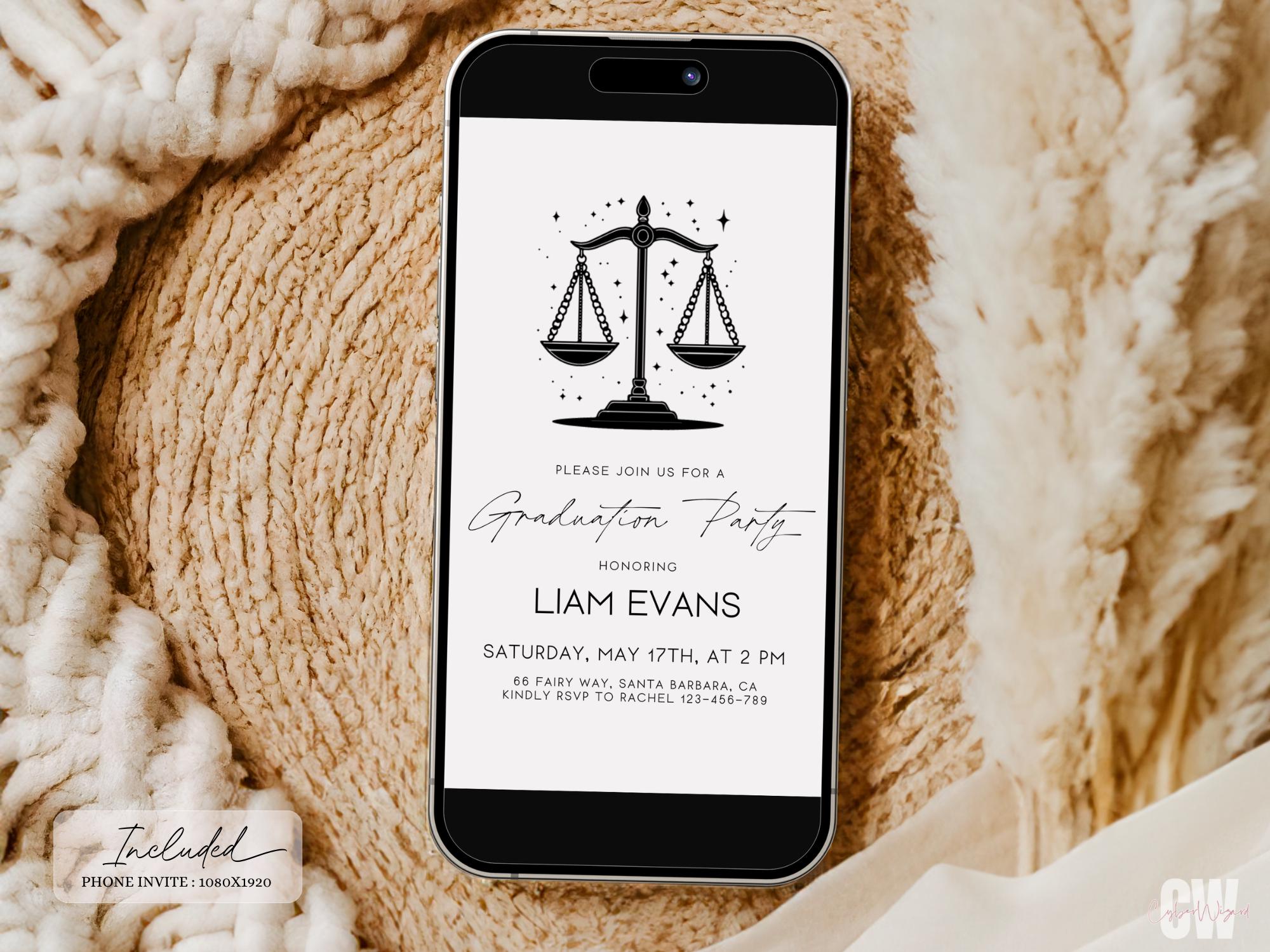 Law School Grad Invitation, Scales of Justice Invitation, Digital Layer ...