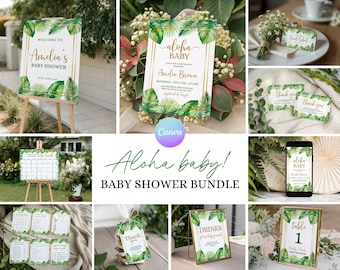 Editable Aloha Baby Shower Bundle, Tropical Baby Shower Bundle, Hawaiian Baby Shower Party Pack, Palm Leaf Baby Shower Invitation Kit TR2