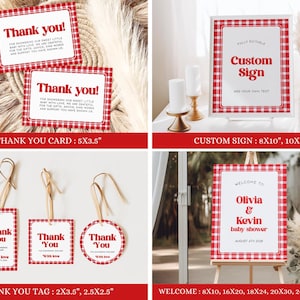 May include: Red and white gingham patterned printable signs for a baby shower. The signs include a welcome sign, a custom sign, and thank you cards and tags. The welcome sign says "Welcome to Olivia & Kevin baby shower". The custom sign says "Custom Sign Add Your Own Text". The thank you cards and tags say "Thank You".
