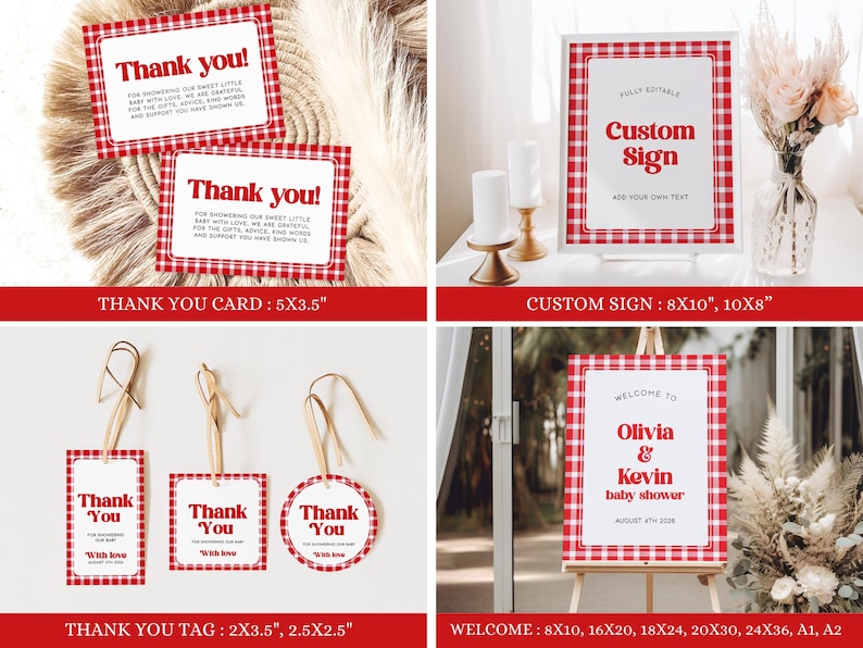 May include: Red and white gingham patterned printable signs for a baby shower. The signs include a welcome sign, a custom sign, and thank you cards and tags. The welcome sign says "Welcome to Olivia & Kevin baby shower". The custom sign says "Custom Sign Add Your Own Text". The thank you cards and tags say "Thank You".