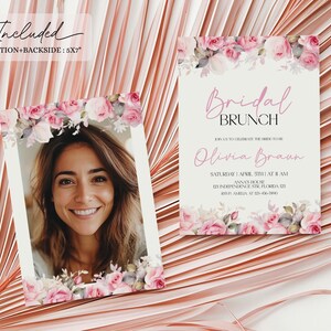 Puede incluir: Una invitaci&oacute;n imprimible para un brunch de novia con detalles florales rosas. La invitaci&oacute;n incluye el texto "Bridal Brunch" y "Olivia Braun".