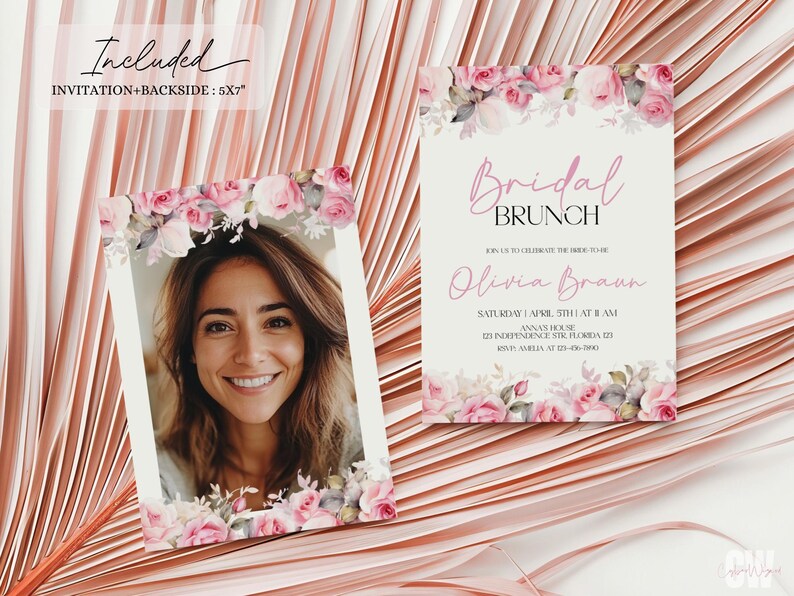 Puede incluir: Una invitaci&oacute;n imprimible para un brunch de novia con detalles florales rosas. La invitaci&oacute;n incluye el texto "Bridal Brunch" y "Olivia Braun".