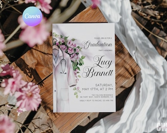 May include: A graduation party invitation with a watercolor illustration of a white doctor's coat with a stethoscope and pink flowers. The text reads "Please join us for a Graduation Party Honoring Lucy Bennett Saturday, May 17th, at 2 PM The Falcon Residence 66 Fairy Way, Santa Barbara, CA Kindly RSVP to Rachel 123-456-789"