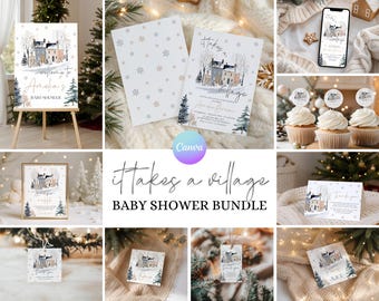 Christmas Winter Village Baby Shower Bundle, It Takes A Village Party Games, Village Welcome Sign JC2