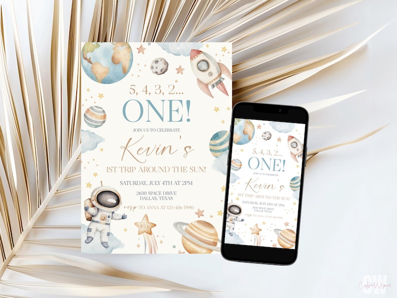 May include: A birthday invitation with an outer space theme. The invitation features planets, stars, a rocket, and an astronaut. The text reads "5, 4, 3, 2... ONE!" and "Kevin's 1st Trip Around the Sun!"