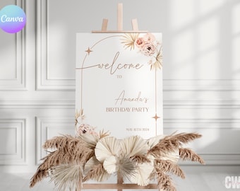 Pampas Grass Birthday Welcome Sign, Editable Boho Party Decor
