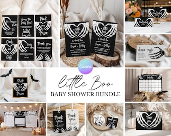 May include: A collection of black and white baby shower decorations with a Halloween theme. The designs include skeleton hands, bats, and the words "Little Boo" and "Baby Shower Bundle."