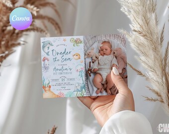 Oneder the Sea First Birthday Photo Invitation – Ocean Animal Theme (Editable Canva Template) US1