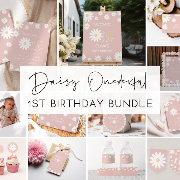 Daisy 1st Birthday Bundle Printable Pink Daisy Birthday Party Set Little Miss Onederful Invitation Miss Onederful 1st Birthday Bundle DS1