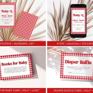 May include: Four printable cards for a baby shower. The cards are red and white gingham with black text. The first card is an invitation for a "Baby-Q" with the names Olivia and Kevin. The second card is a blank gingham pattern. The third card says "Books for Baby" and asks guests to bring a book. The fourth card says "Diaper Raffle" and asks guests to bring a diaper for a chance to win a prize.
