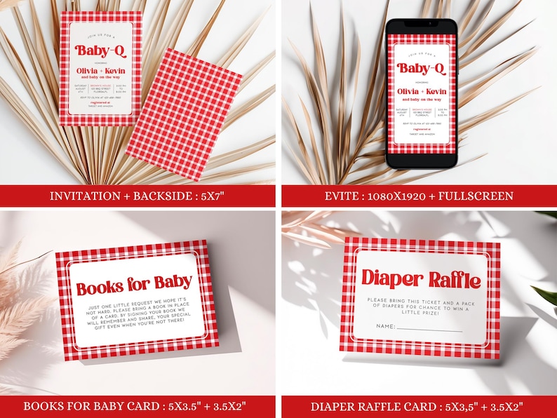 May include: Four printable cards for a baby shower. The cards are red and white gingham with black text. The first card is an invitation for a "Baby-Q" with the names Olivia and Kevin. The second card is a blank gingham pattern. The third card says "Books for Baby" and asks guests to bring a book. The fourth card says "Diaper Raffle" and asks guests to bring a diaper for a chance to win a prize.