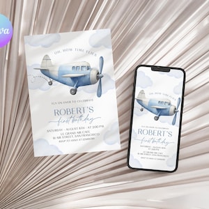 Vintage Airplane 1st Birthday Invitation Set, Blue Aircraft First Birthday Invitation, Editable Time Flies 1st Birthday Mobile Evite AE1