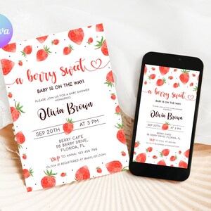 Berry Sweet Baby Shower Invitation Template, Strawberry on the Way Party Evite, Summer Baby Shower Invite, Strawberry Shower Invite BES1