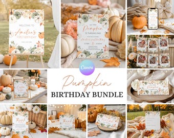 Boho Pumpkin First Birthday Bundle, Pumpkin 1st Birthday Party Bundle, Fall Pumpkin 1st Birthday Kit, Autumn First Birthday Bundle SQ1
