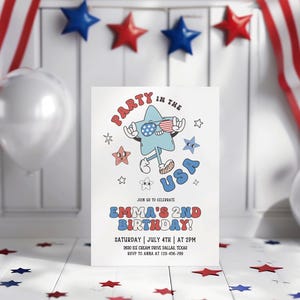 May include: A party invitation with a patriotic theme. The invitation features a cartoon star character with sunglasses and the text "Party in the USA." The invitation is for Emma's 2nd birthday, with the date and time listed.