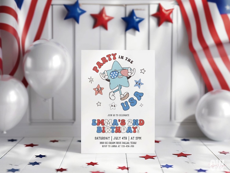 May include: A party invitation with a patriotic theme. The invitation features a cartoon star character with sunglasses and the text "Party in the USA." The invitation is for Emma's 2nd birthday, with the date and time listed.