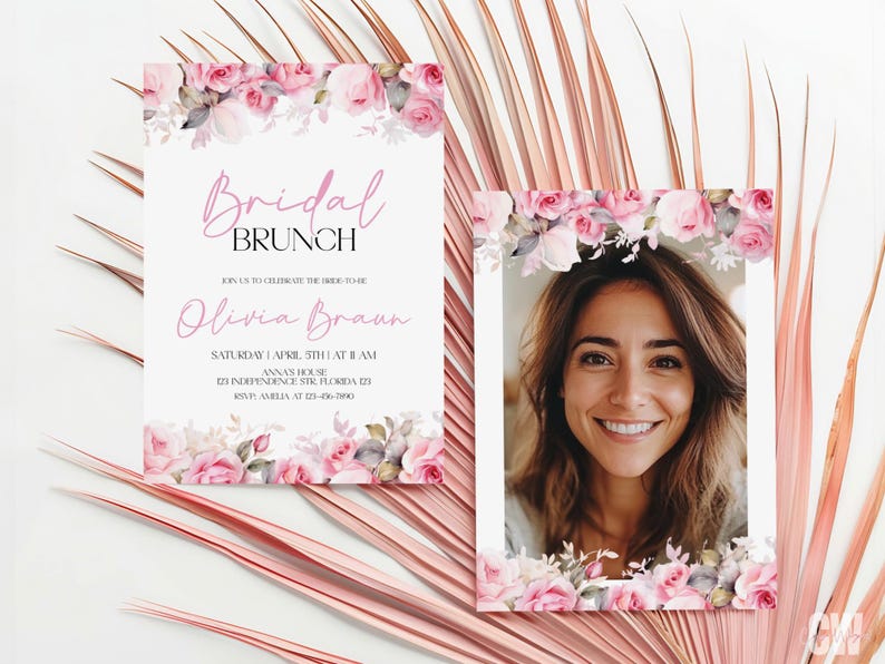 Puede incluir: Invitaci&oacute;n a un brunch de boda con un borde floral rosa y una foto de la novia. La invitaci&oacute;n dice "Bridal Brunch" y "Olivia Braun" con la fecha, la hora y la ubicaci&oacute;n del evento.