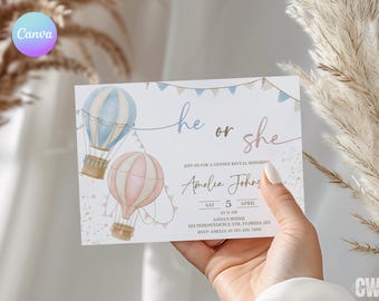 Air Balloon Gender Reveal Invite, Watercolor Balloon Gender Reveal Invite Template, He or She Party Invitation, What Will Baby Be Invite