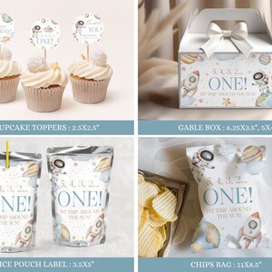 May include: A collection of space-themed party supplies. Includes cupcake toppers, a gable box, juice pouch labels, and a chips bag. Designs feature rockets, planets, and astronauts with the text "ONE!" and "1st trip around the sun".