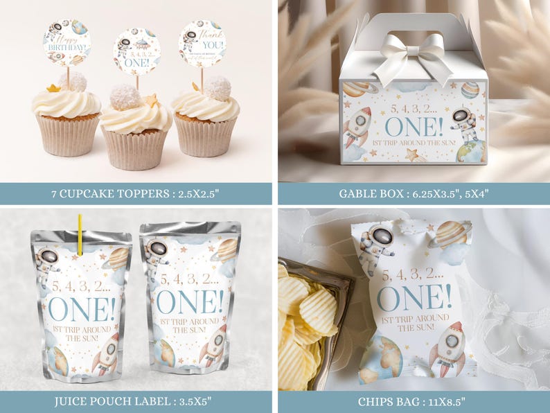 May include: A collection of space-themed party supplies. Includes cupcake toppers, a gable box, juice pouch labels, and a chips bag. Designs feature rockets, planets, and astronauts with the text "ONE!" and "1st trip around the sun".