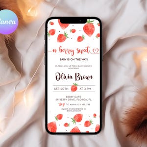 Puede incluir: Una invitaci&oacute;n digital con tem&aacute;tica de fresa para un baby shower. La invitaci&oacute;n dice "a berry sweet baby is on the way!" e incluye el nombre "Olivia Brown", la fecha "Sep 20th", la hora "at 3 pm", el lugar "Berry Cafe" y la direcci&oacute;n "56 Berry Drive, Florida, FL".
