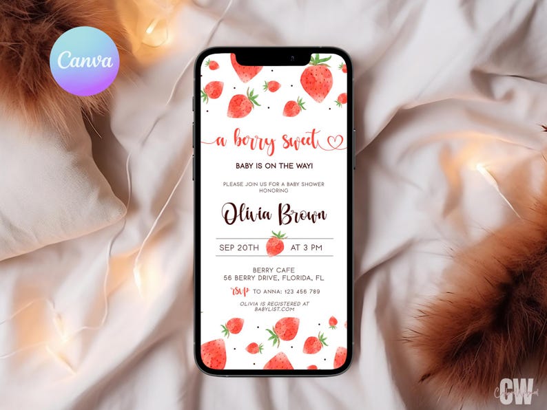 Puede incluir: Una invitaci&oacute;n digital con tem&aacute;tica de fresa para un baby shower. La invitaci&oacute;n dice "a berry sweet baby is on the way!" e incluye el nombre "Olivia Brown", la fecha "Sep 20th", la hora "at 3 pm", el lugar "Berry Cafe" y la direcci&oacute;n "56 Berry Drive, Florida, FL".