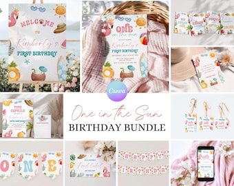 Girl Pool Party First Birthday Bundle One In The Sun Bday Party Package Tropical Girl Invite Pack Pink Summer 1st Birthday Decorations PP1