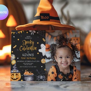 Halloween Spooky One Photo Einladung, A Little Boo Halloween Spooky One Invite Karte, Halloween 1.Geburtstagseinladung Vorlage PT6
