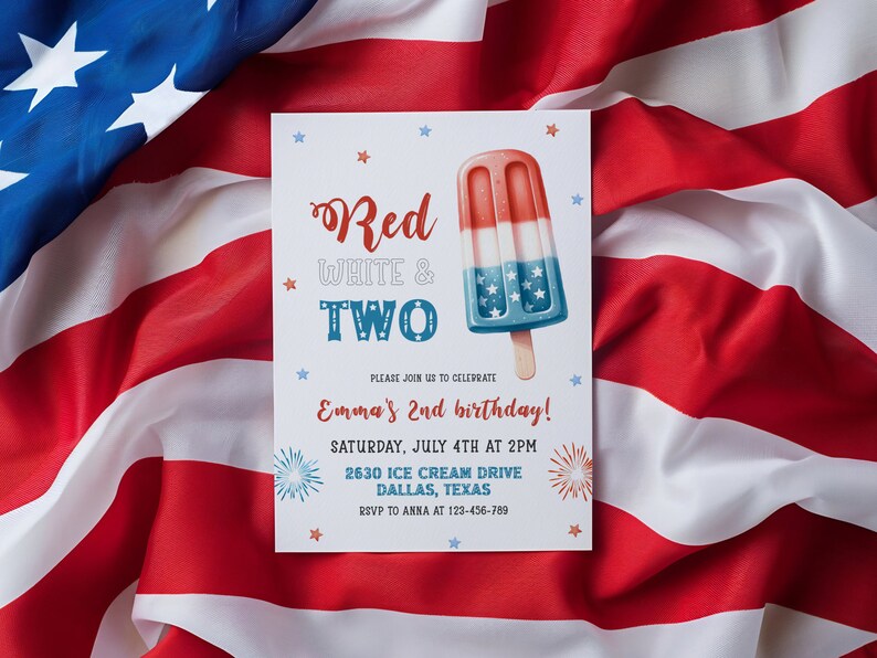 Red White and Two Birthday Invitation, 4th of July Patriotic 2nd ...