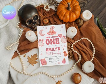 Girl Pink Halloween First Birthday Invite, Spooky One Boo Day Party, Editable Canva Template