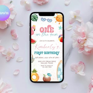 One In The Sun Electronic Invitation Template Girl Pool Party Birthday Phone Invitation Summer Electronic Invitation Girl Party Evite PP1
