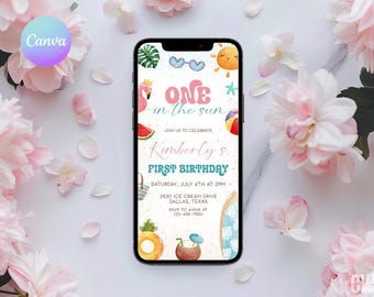May include: A digital invitation for a first birthday party with a summer theme. The invitation features a flamingo, a watermelon, a pineapple, a coconut, a beach umbrella, a surfboard, and the text "One in the sun" and "Kimberly's First Birthday".