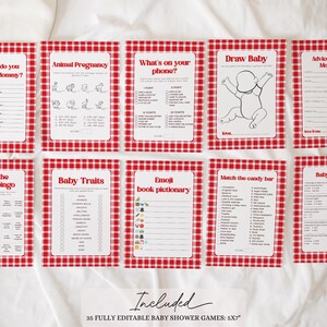 May include: A set of 10 printable baby shower game cards with a red and white gingham pattern. The games include "How well do you know the mommy?", "Animal Pregnancy", "What's on your phone?", "Draw Baby", "Advice for the Mommy", "Find the guest bingo", "Baby Traits", "Emoji book pictionary", "Match the candy bar", and "Baby Trivia".
