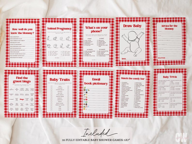 May include: A set of 10 printable baby shower game cards with a red and white gingham pattern. The games include "How well do you know the mommy?", "Animal Pregnancy", "What's on your phone?", "Draw Baby", "Advice for the Mommy", "Find the guest bingo", "Baby Traits", "Emoji book pictionary", "Match the candy bar", and "Baby Trivia".