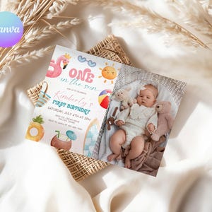 One In The Sun 1St Birthday Photo Invitation Girl Pool Party First Birthday Photo Invite Summer First Birthday Invites Pink Invite PP1