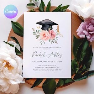 Boho Abschlussfeier-Einladung bearbeitbare Blumen graduierten Mitteilungskarte-minimalistische Abschlussfeier laden Mädchen Grad-Party-Einladung ein
