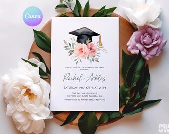 Boho Graduation Party Invitation Editable Floral Graduate Announcement Card Minimalist Graduation Invite Girls Grad Party Invitation