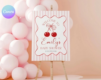 Cherry Baby Shower Welcome Sign – Pink Stripes, Red Bow Decor (Printable Poster) KI2