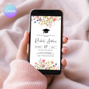 May include: A graduation party invitation on a smartphone screen with a floral design and the text "Please join us for a graduation party honoring Rachel Ackles, Saturday, June 17, at 2 o'clock in the afternoon, The Falcon Residence, 88 Fairy Way, Santa Barbara, CA, RSVP to Rachel at (805) 456-789".