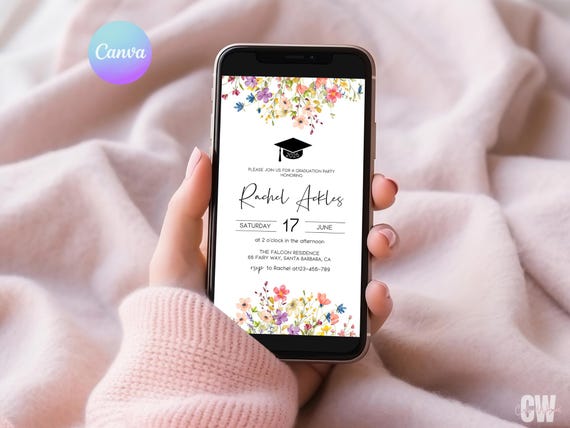 Wildflower Graduation Announcement Invite Girls Graduation Party Evite Floral Grad Mobile Invitation Spring Graduation Digital Invite