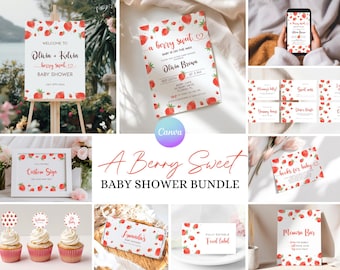 May include: A baby shower invitation bundle with a watercolor strawberry theme. The bundle includes a welcome sign, invitation, food labels, cupcake toppers, and more. The text on the invitation reads "A Berry Sweet Baby is on the Way" and "Olivia Brown".