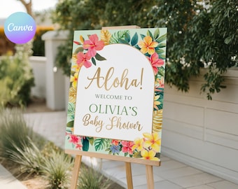 Aloha Baby Shower Welcome Sign, Tropical Girl Baby Shower Poster, Pink Hawaiian Luau Decor, AQ2