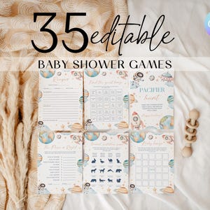 May include: A set of 35 editable baby shower games with an outer space theme. The games include recipe cards, bingo, and a pacifier hunt. A wooden rattle is also included in the image.