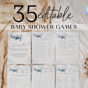 Blue Airplane Baby Shower Games Bundle, Aviator Baby Shower Game Pack, Plane Baby Shower Activities, Pilot Baby Shower Game Tickets AE2