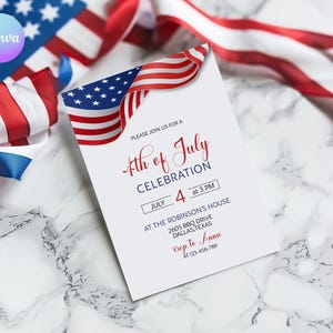 Modelo de convite para o 4 de julho, convite para festa vermelho, branco e azul, convites com bandeira americana, cartão do Dia da Independência, convite para o 4 de julho