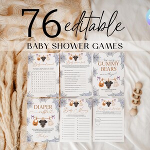 May include: A collection of six rectangular white cards featuring Halloween-themed baby shower games with spider web borders and illustrations of baby clothes on a clothesline. The text includes 76 editable baby shower games, diaper raffle, and gummy bears.