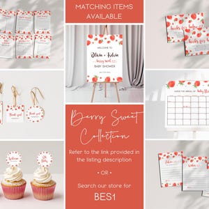 Puede incluir: Un conjunto de decoraciones imprimibles para una fiesta de bienvenida al beb&eacute; con tem&aacute;tica de fresa. Las decoraciones incluyen un cartel de bienvenida, una tarjeta de juego, una etiqueta de agradecimiento, adornos para cupcakes y un calendario imprimible. El texto en el cartel de bienvenida dice "Bienvenido a Olum & Kdila Berry Sweet Baby Shower".